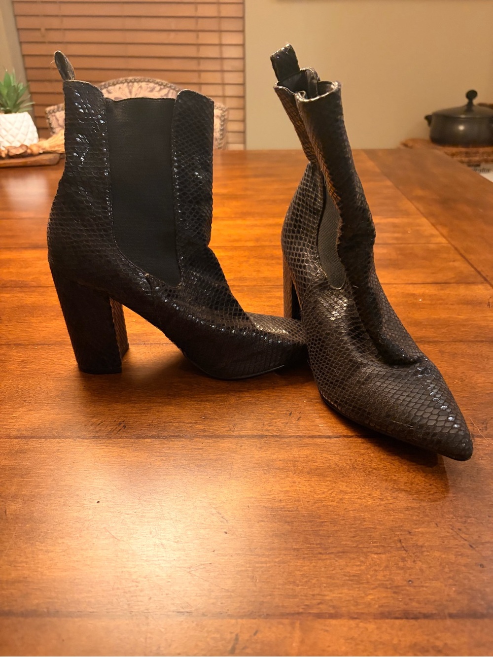 Black Stretch Snake-Embossed Pointed Toe Booties - Women